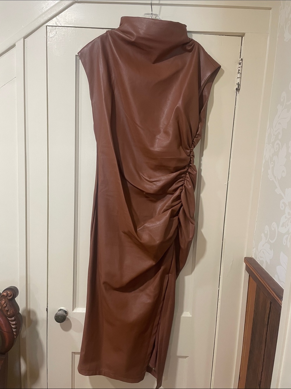 Anthropologie Brown Faux Leather Ruched Midi Dress size 10.